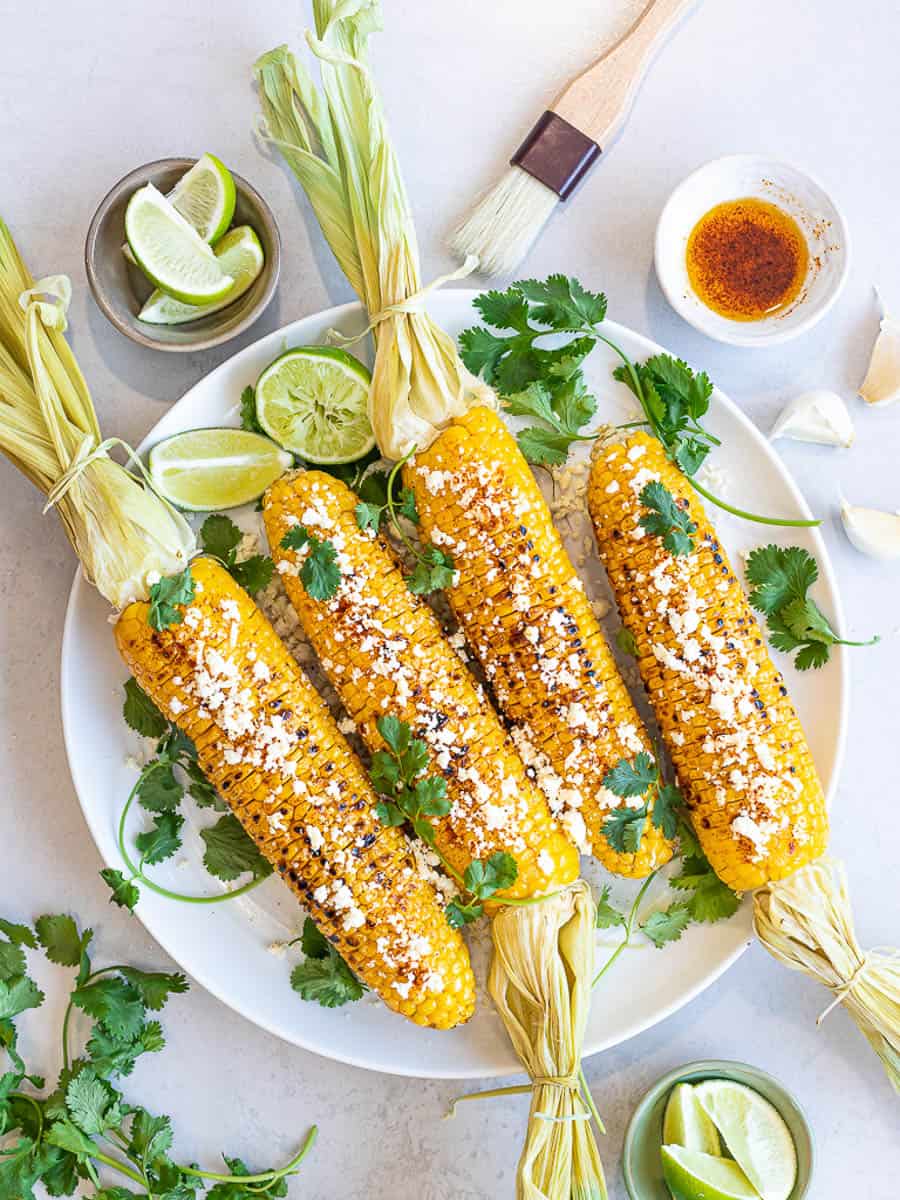 Healthy Grilled Mexican Street Corn (Elotes) with Chili Lime Oil and Cotija Cheese