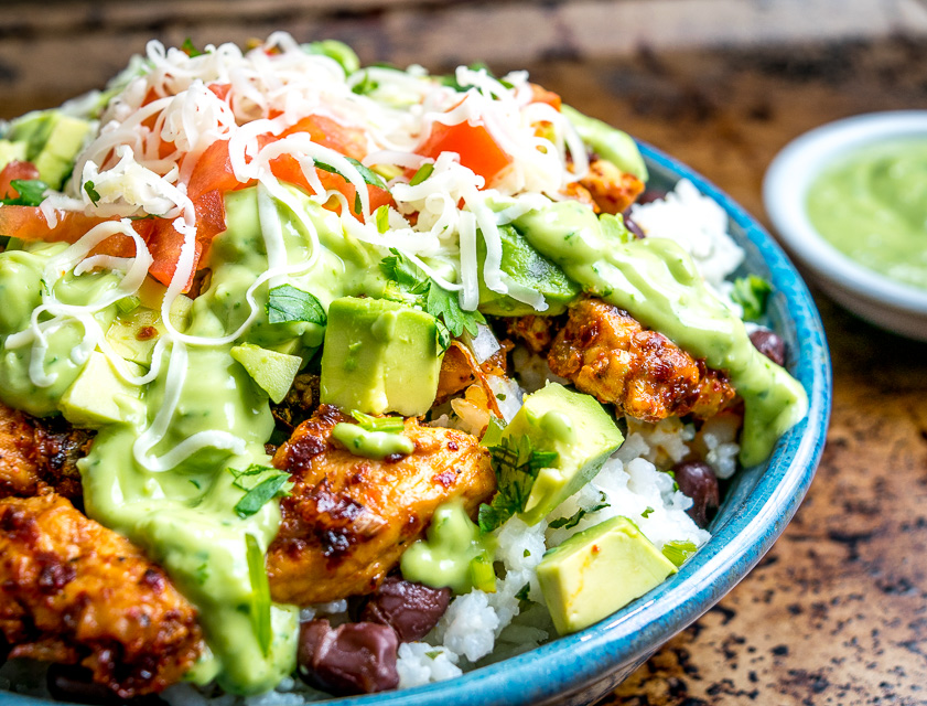 Easy Burrito Bowls with Creamy Avocado Sauce